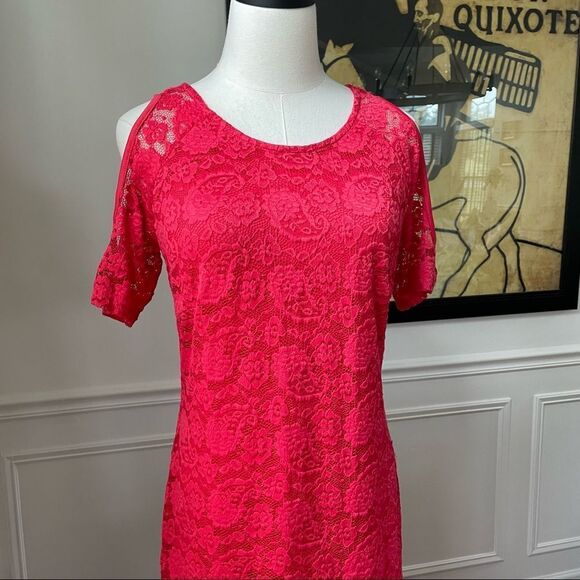 Venus Strawberry Red Lace Cold Shoulder Dress M - Picture 5 of 8